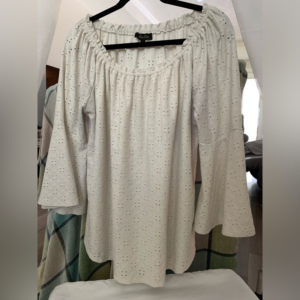 Melissa Paige White Fluted Sleeve Eyelet Top, L